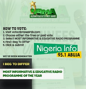 NigeriaInfoAbj's tweet photo. Vote for US:

• Best Radio Station (North)
Nigeria Info 95.1 Abuja

• Radio Channel with Best Station Imaging
Nigeria Info 95.1 Abuja

• Most Informative &amp; Educative Radio Programme of the Year
I Beg To Differ - Nigeria Info FM

🧵 https://t.co/GvWIvcOlWh