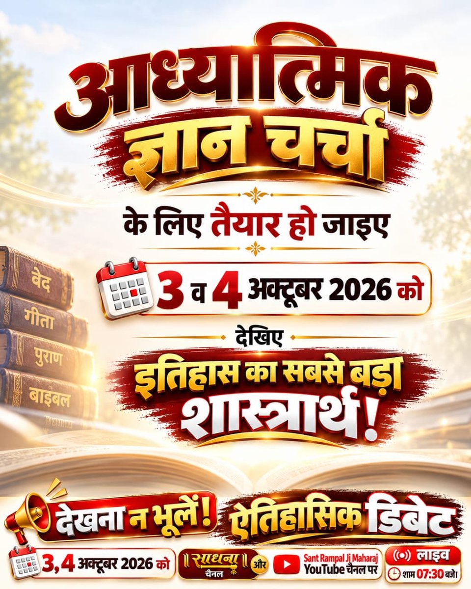 LomashPrasad_'s tweet photo. #1DayToGoForHistoricDebate
ज्ञान चर्चा कब और किस समय दिखाई जाएगी? शनिवार और रविवार, 3 और 4 अक्टूबर 2026 को साधना चैनल पर लाइव शाम 7:30 बजे से 9:30 बजे तक।
और Sant Rampal Ji Maharaj YouTube Channel पर।

Sant Rampal Ji Maharaj https://t.co/4FiIuTnuyP