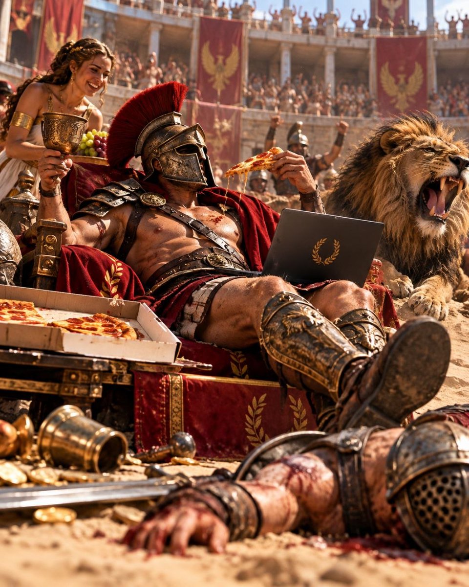 Astra_arena's tweet photo. POV: You survived the arena. 
Now you’re just waiting for your pizza and checking your loot.
Glory? ✅
Gold? ✅
Lion still alive? Unfortunately. 🦁
Welcome to Astra Arena — where every battle is personal. 😎
#AstraArena #Gladiator #BrowserGame #PvP #RPG #Gaming https://t.co/Bfr05H76s4