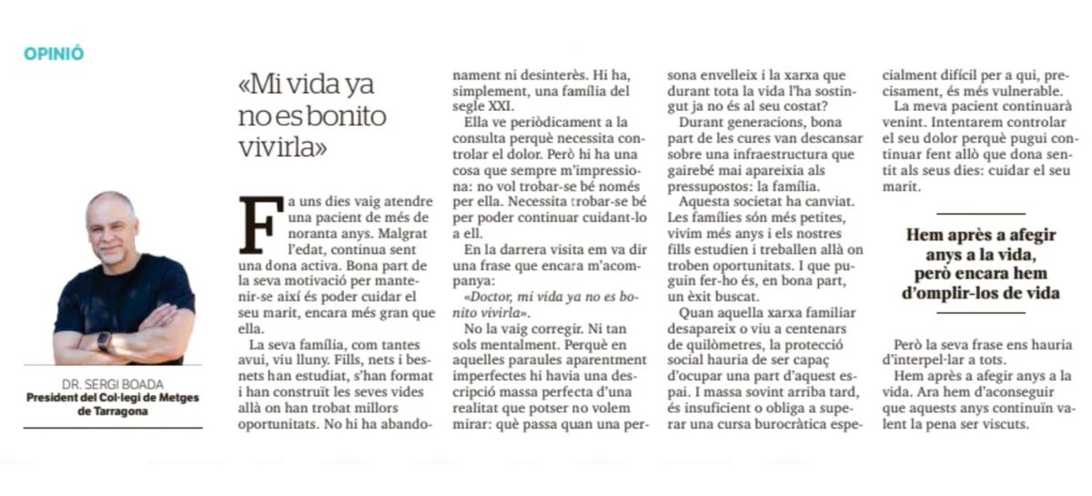 comtgna's tweet photo. «Hem après a afegir anys a la vida, però encara hem d’omplir-los de vida».

El Dr. @Sebopi , president del COMT, reflexiona sobre l’envelliment i les cures al Diari de Tarragona.

https://t.co/FAjIkodKev https://t.co/jQYKOPYYRm