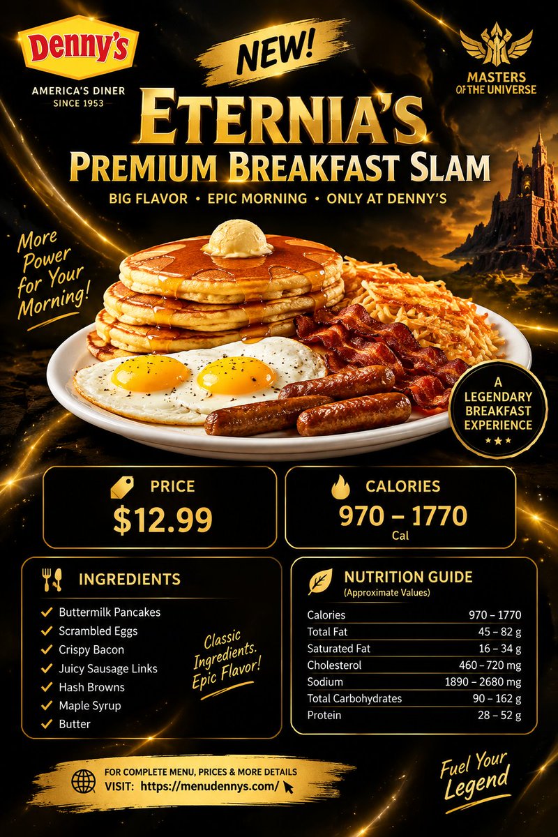 dennysmenu1331's tweet photo. ✨ NEW! Eternia’s Premium Breakfast Slam – A Legendary Breakfast Experience! 🍳🥞
👉 Read the Full Guide:
https://t.co/Q0gdVi1eLE
Visit Denny’s Menu for more breakfast favorites, updated menu guides, prices, and delicious diner inspiration.
#DennysMenu #EterniasPremium https://t.co/hAAKmPQYVS