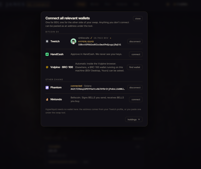 swapnowbish's tweet photo. Working on a very interesting way for people to trade natively in BSV so stay tuned. The swap volume has increased and is becoming so ez its unreal, connect any and or all of these wallets and just rip between chains, any suggestions on new pairs? Have received some requests for XRP and DOGE.  lmk👇