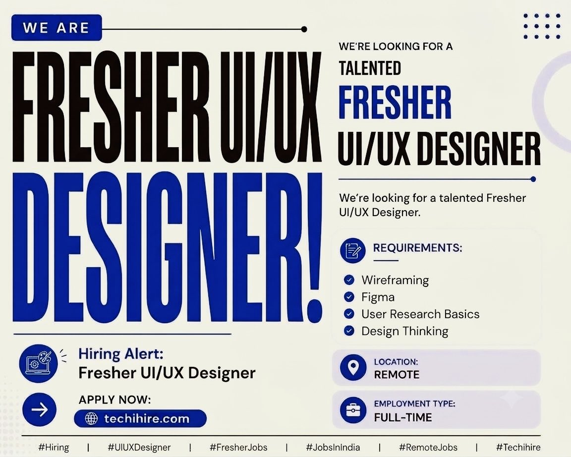 real_techihire's tweet photo. Hiring Alert: Fresher UI/UX Designer

Apply Now: https://t.co/vJvrF98tab

We're looking for a creative UI/UX Designer.
Location: Remote
Employment Type: Part-Time

#Hiring #UIUXDesigner #JobsInIndia #DesignJobs #RemoteJobs #HiringIndia #CareerGrowth #IndianStudents #JobSearch https://t.co/SVfSxOHweR