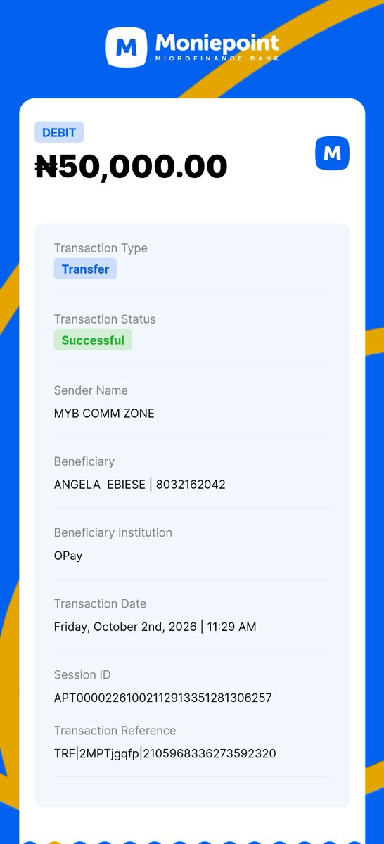 bmjvermerlleey's tweet photo. Dear, @moniepointng

I mistakenly transferred money from my Moniepoint account to an OPay account with the wrong account number.

Please help me initiate a recall of the funds.

My details:
My account name: MYB CMM ZONE
My account number: 7062049000

Transaction details:
Amount: ₦50,000
Date: 02/10/2026
Time 11:29am
Transaction Session ID:  APT00002261002112913351281306257
Wrong OPay Account Number:  8032162042
Correct Account Number: [8031162042]

I have attached the transaction receipt. Please assist me urgently in recovering the funds.

Thank you.