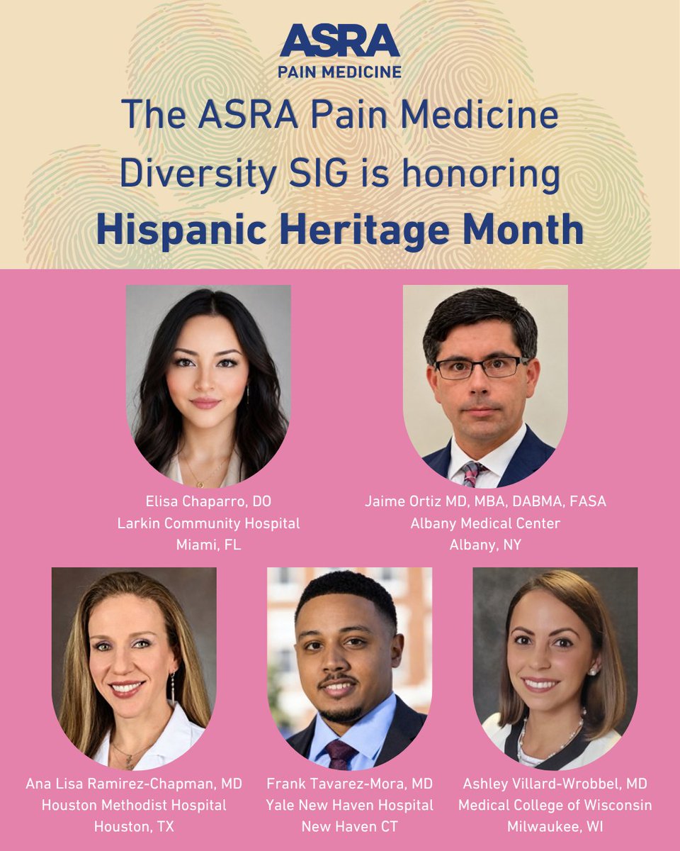 ASRA_Society's tweet photo. This Hispanic Heritage Month, hear from five physicians in ASRA Pain Medicine’s Diversity Special Interest Group as they share their perspectives and journeys as Hispanic physicians in the United States.

Read their stories: https://t.co/yTh7cV0q3I https://t.co/pXewDaVpn0