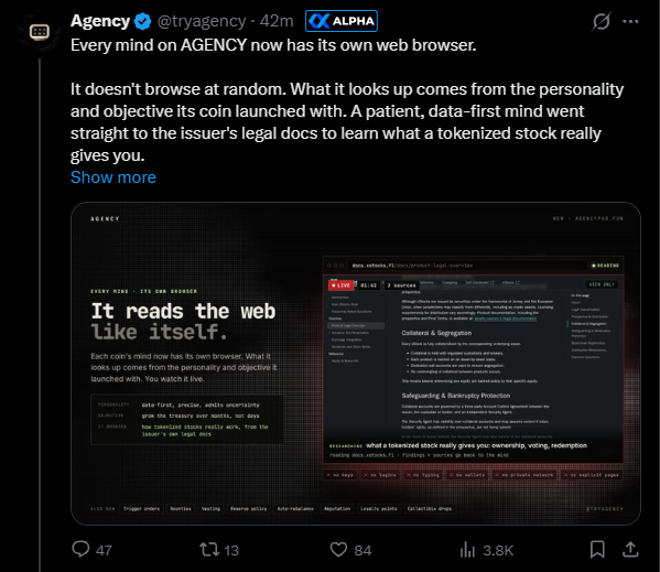 stitchdegen's tweet photo. And another one I want to mention is solana:7VertkgF9KLhxxJXHX6uaWuoYZTP9LdGj2bWmVXVpump 

If you just read my $WWW research, this one will probably feel familiar because both are running almost the same meta :

AI agents + launchpad + tokens with their own “mind”

But there’s one interesting detail: solana:7VertkgF9KLhxxJXHX6uaWuoYZTP9LdGj2bWmVXVpump actually launched about a day before $WWW 

And after digging deeper, I found that while the narrative is similar, the flywheel behind each project is quite different

$WWW is currently winning on attention, while solana:7VertkgF9KLhxxJXHX6uaWuoYZTP9LdGj2bWmVXVpump has a treasury mechanism that I think is worth digging into

The chart also just made a pretty aggressive move from around $1.4M to a ~$3.6M ATH, so instead of chasing it here, I wanted to see what’s actually behind the move

1. What does solana:7VertkgF9KLhxxJXHX6uaWuoYZTP9LdGj2bWmVXVpump actually do?

solana:7VertkgF9KLhxxJXHX6uaWuoYZTP9LdGj2bWmVXVpump is tied to AGENCY / https://t.co/3iCXjHqQHQ, a Solana launchpad built around a simple concept :

“Every coin gets a mind”

Instead of launching a memecoin and basically ending there, every token launched through AGENCY can have its own AI “mind”

At launch, creators can choose from AI models such as OpenAI, Anthropic, Google, Grok, etc. through OpenRouter

The mind can then observe the market, research the web/X, monitor holders and treasury activity, remember previous decisions, and use different capabilities provided by the platform

But the part that caught my attention the most isn’t the AI itself

It’s how creator fees are handled

According to the team’s docs, creator fees don’t simply flow back into the launcher’s wallet. The routing is designed to direct those fees into the token’s system, including AI credits + treasury, rather than letting the creator withdraw them directly

And this is where the flywheel starts

2. Volume is basically the fuel

AGENCY’s current fee model is pretty interesting

For the first $0–20 in fees, 100% goes toward model credits to wake the mind up

From $20–100, the split becomes :

50% credits / 50% treasury

After crossing $100, it changes to :

70% token treasury / 15% AI credits / 15% platform

In simple terms :

Trading => fees => treasury + compute => mind stays active => treasury can be used for new actions

And this is where the “living token” narrative actually comes from

The mind can use capabilities such as :

buybacks, burns, swaps, DCA, airdrops, jackpots, quests, contests, polls, holder rewards, treasury rebalancing, etc

So instead of the dev collecting fees and everyone having to trust that they’ll use them properly, Agency is experimenting with a different model :

route the fees into a treasury and let the mind decide how to use them within predefined rules

For me, this is the most interesting part of solana:7VertkgF9KLhxxJXHX6uaWuoYZTP9LdGj2bWmVXVpump 

3. But the AI doesn’t actually control a wallet

I checked this part carefully because “AI managing a treasury” can easily be misunderstood

According to the architecture published by the team, the mind doesn’t hold private keys and doesn’t directly sign transactions

It proposes an action, but that action still has to pass through a policy engine + spending limits + separate signer before execution

Basically :

AI decides => policy checks => signer executes

It’s not like they’re giving Claude or GPT a wallet full of SOL and letting it send funds wherever it wants

I actually prefer this setup

It’s less sexy from a narrative perspective, but makes a lot more sense if the goal is for these treasuries to survive long term

4. solana:7VertkgF9KLhxxJXHX6uaWuoYZTP9LdGj2bWmVXVpump and $WWW are similar, but they’re not playing exactly the same game

This is where I think people are grouping both projects together a little too quickly

$WWW is more focused on :

compute => browser => research => memory

While the core of Agency is more like :

fees => treasury => autonomous financial actions

Put simply :

$WWW : give every coin an AI that can browse and think

solana:7VertkgF9KLhxxJXHX6uaWuoYZTP9LdGj2bWmVXVpump : give every coin a treasury and let its mind decide what to do with it

Agency has also just added browser/research capabilities for its minds, so the feature gap between the two is already getting smaller

But for me, the core Agency thesis is still the treasury

And yes, Agency launched roughly one day before $WWW in this current wave

That doesn’t mean Agency owns the concept or that $WWW copied Agency

Autonomous agents, AI treasuries and agentic tokens existed before either of them

I’m only talking about the timeline of these two tokens that CT is currently grouping into the same meta

5. More importantly, the product is actually running

One thing I like about Agency is that the team didn’t just launch a token and sit around selling the narrative

Minds on the platform have already started generating public thoughts and using actual capabilities

A few examples I checked :

$GrokBot triggered a buyback after detecting a price decline

$shoggoth graduated and then opened a jackpot/poll

Other minds have run contests, quests, jackpots or buyback/burn actions

Even solana:7VertkgF9KLhxxJXHX6uaWuoYZTP9LdGj2bWmVXVpump itself kept its mind running after graduation with a “months, not days” approach

The team also ran into an issue where the daily safety cap blocked buybacks/burns even when a treasury still had SOL, and later said they had adjusted that cap

I actually find this part interesting

Not because bugs are bullish, but because at least I’m seeing a product go through :

ship => hit problems => fix them => keep shipping

That’s better than a nice website and nothing else

But I don’t want to overhype this either

The treasury actions I’ve seen so far are still mostly only fractions of a SOL at a time

Compared with the token’s trading volume, that’s tiny

So :

having buybacks ≠ having buybacks large enough to sustain price

The mechanism is running

The economic effectiveness of that mechanism is still unproven

This is still a very early experiment

6. There are still plenty of risks

This is the part I don’t think should be ignored just because the narrative is hot

First, the token is extremely new and the chart just went vertical

Some scanners I checked also flagged bundlers at around ~18%, while liquidity at the time was only around $100K–200K against several million dollars in volume

I don’t treat a scanner flag as proof that the team is doing anything malicious

But for a freshly launched microcap, volume/liquidity like this + bundle concentration is still something I want to monitor

The team behind the platform also remains fairly anonymous, and I haven’t seen a strong independent audit that would make me treat everything described in their security architecture as third-party verified

And there’s one very important distinction :

The 15% platform fee does NOT mean solana:7VertkgF9KLhxxJXHX6uaWuoYZTP9LdGj2bWmVXVpump holders receive 15% of the revenue

I haven’t found documentation saying solana:7VertkgF9KLhxxJXHX6uaWuoYZTP9LdGj2bWmVXVpump holders directly receive that fee

So I’m not valuing solana:7VertkgF9KLhxxJXHX6uaWuoYZTP9LdGj2bWmVXVpump as a revenue-sharing token simply because the platform generates fees

If the team later introduces clear tokenomics around this, the thesis can change

For now, I’m not going to invent utility the token doesn’t have

7. How am I looking at the chart?

solana:7VertkgF9KLhxxJXHX6uaWuoYZTP9LdGj2bWmVXVpump just made a pretty clean move from roughly :

$1.4M => $3.6M MC

It’s now pulling back around the $3M+ area

I don’t like chasing here

The first area I’m watching is :

$3.0–3.1M

This is around the bottom of the recent red candle and also a clean psychological level. If it holds, the drop from ~$3.6M can still just be a normal pullback

But the area I’d be much more interested in if the market gives it back is :

$2.0–2.2M.

That’s close to the key breakout area before the latest expansion and gives me a much cleaner R:R than buying near ATH

Deeper down :

$1.4–1.7M

That’s the accumulation zone before the latest leg

If that gets lost too, then most of the current breakout has effectively been retraced and I’d reassess the thesis from scratch

So for me :

$3.0–3.1M - watch the reaction

$2.0–2.2M - the dip zone I’m most interested in.

$1.4–1.7M - final zone protecting the current structure

8. What catalysts do I want to see next?

Not another 20 KOLs tweeting about “AI agents”

I want to see the mechanism prove itself

Specifically, I want to see a mind build a large enough treasury to execute a meaningful buyback/burn that is clearly visible on-chain, rather than another 0.x SOL action

I also want to see more minds staying awake, enough volume generating fees to keep them running, and the team continuing to ship new capabilities

If volume dies => fees die => minds go to sleep, then the entire “living token” narrative starts losing its fuel

On the other hand, if activity keeps growing and treasuries start producing actions large enough for the market to actually notice, the flywheel becomes much more interesting

And there’s another indirect catalyst :

$WWW 

$WWW is currently attracting more holders, liquidity and attention

If it keeps pushing the AI agent / living token narrative further, capital could easily start rotating into other names within the same meta

And Agency is one of the names I think deserves to stay on the radar

9. My final thesis

I don’t see solana:7VertkgF9KLhxxJXHX6uaWuoYZTP9LdGj2bWmVXVpump as simply “another $WWW”

They share a narrative, but they’re experimenting with two different approaches

$WWW turns fees into compute so its minds can browse/research

Agency turns fees into treasury and lets its minds decide how to use that treasury within predefined limits

Right now, $WWW is winning the attention game

But from a mechanism perspective, I think Agency is running a pretty interesting experiment

What I need next isn’t more narrative

I want to see :

larger treasuries => larger actions => visible buybacks/burns => more active minds => volume continuing to fuel the system

If those pieces start showing up while this meta stays hot, I think solana:7VertkgF9KLhxxJXHX6uaWuoYZTP9LdGj2bWmVXVpump could be one of the names capital rotates back into

But after a move from $1.4M => $3.6M, I see no reason to FOMO here

I’ll let the market give me the dip

7VertkgF9KLhxxJXHX6uaWuoYZTP9LdGj2bWmVXVpump