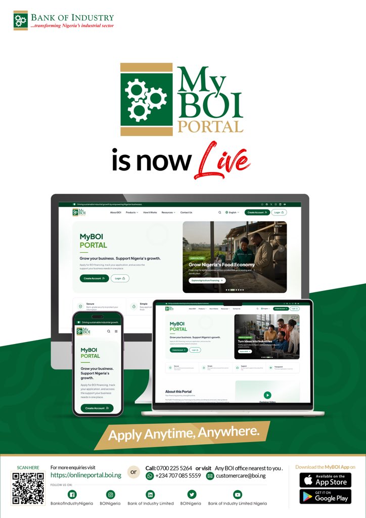 BOINigeria's tweet photo. MyBOI Portal is now live! 

A faster, simpler and more convenient way to apply for BOI financing and access our expanding range of facilities, including Non-Interest Banking offerings.

With the MyBOI Portal, we’re transforming the customer experience and improving turnaround time, making it easier to access financing when it’s needed.

Link to MyBOI Portal- https://t.co/xAgoQq83ur

#MyBOIPortal #BOI #DigitalTransformation #CustomerExperience #BusinessGrowth #Financing