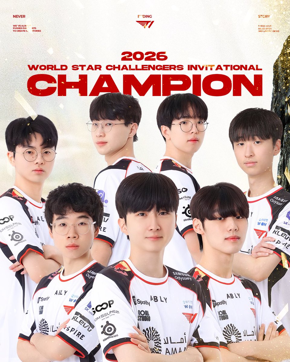 T1LoL's tweet photo. 2026 WSCI CHAMPION, T1A🏆

T1A가 2026 시즌을 정상에서 마무리합니다. 높은 곳을 바라보며 함께 달려온 시간을 의미 있는 결과로 마무리한 선수단에게 축하를 보내주세요!

T1A wraps up the 2026 season on top! 🏆
Let’s give a huge round of applause to our players for turning our journey together into a meaningful result. 

#TogetherAs1