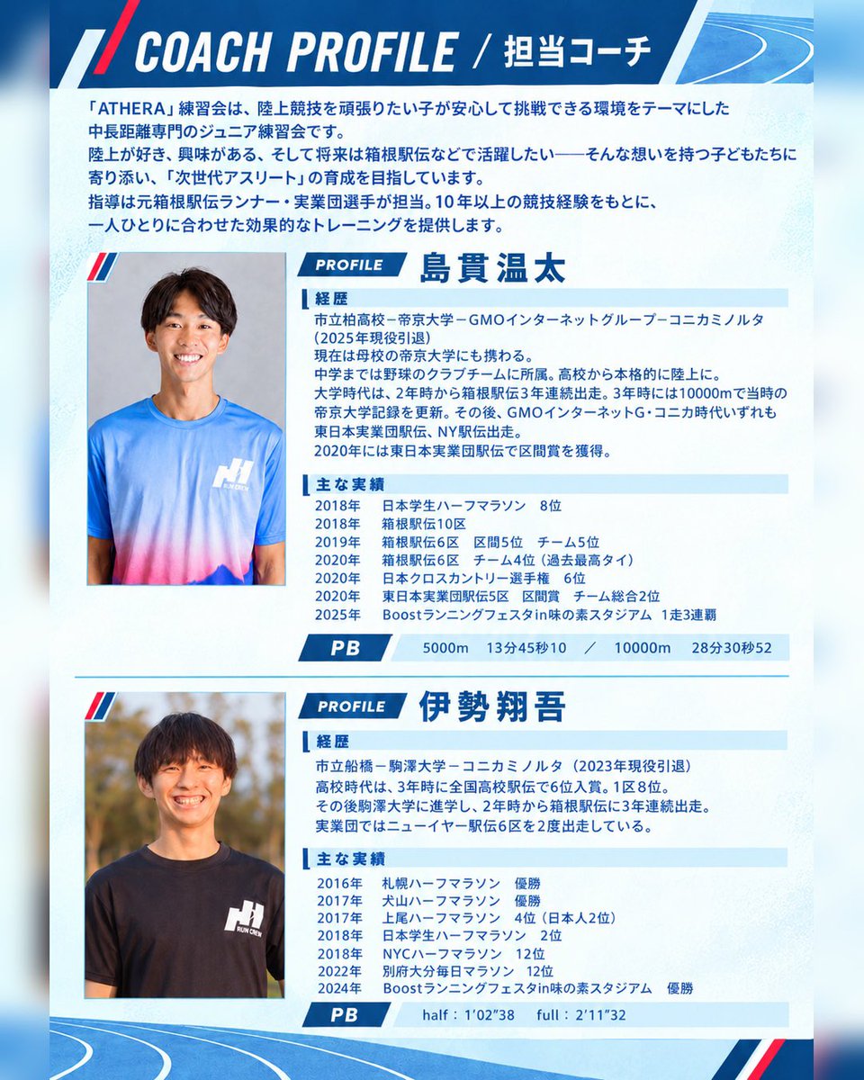 atsuto_shima15's tweet photo. 🏃‍♂️🏃‍♀️ ATHERA 2027年度生募集！
ATHERAは、800m〜5000mを専門とする中長距離ジュニアチームです🏃‍♂️
元箱根駅伝ランナー・実業団ランナーのコーチが、一人ひとりの目標に合わせて一緒に走りながら指導します！

📍八王子・日野 🔗 https://t.co/7YlywDT4EF https://t.co/VLLoAXyFKq