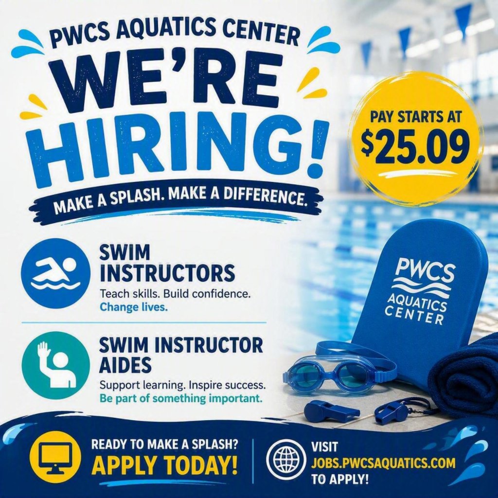 PWCSAquatics's tweet photo. π We're hiring at the PWCS Aquatics Center!
Join our team as a Swim Instructor or Swim Instructor Aide and help others gain confidence in the water.
π² Starting pay: $25.09/hour
π Apply today: https://t.co/5G3MZqpDjN
#PWCSAquatics #NowHiring #SwimInstructor #AquaticsJobs https://t.co/RvBSQve0od
