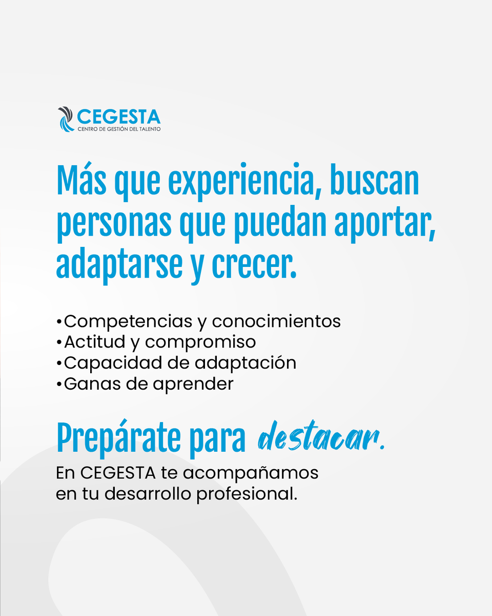 CEGESTA3's tweet photo. El talento que buscan las empresas, se construye día a día. 💼✨

Conoce qué valoran las organizaciones y prepárate para destacar en nuevas oportunidades profesionales.

En CEGESTA te acompañamos a desarrollar tu potencial.

#TalentoHumano #DesarrolloProfesional #EmpleoRD https://t.co/RXMxnUPEcl