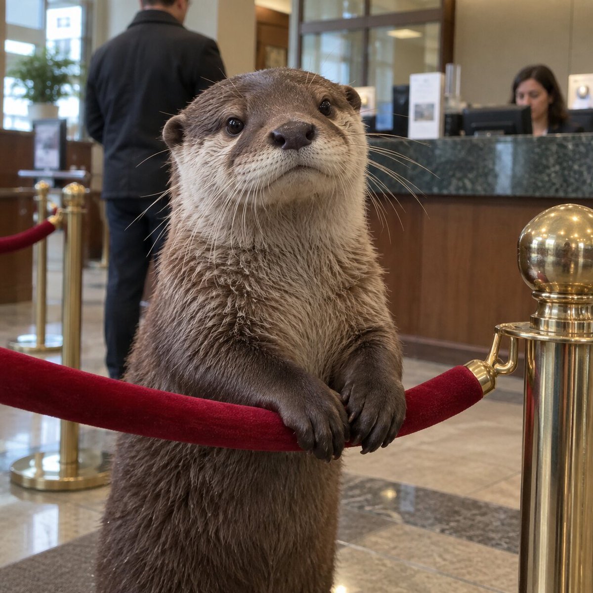 gridbarter's tweet photo. Queue Otter $QUEUE
A river otter waiting behind a velvet rope in an empty bank lobby. There is no line and no teller, but rules are rules. https://t.co/12wwbBPG8l