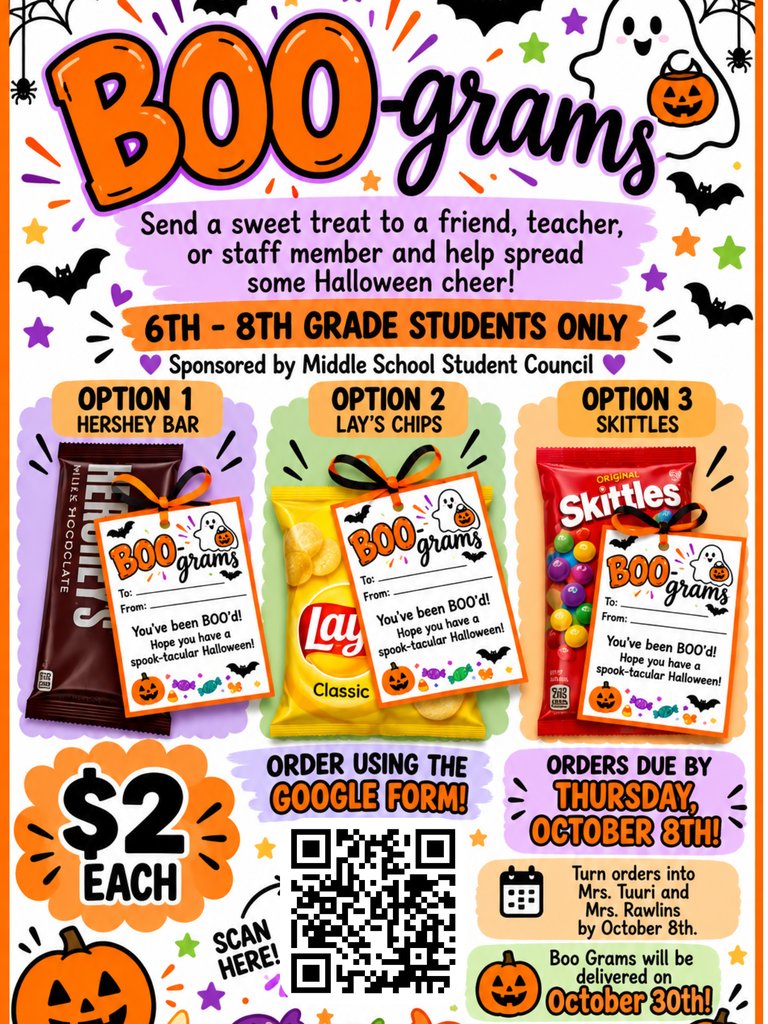 EasternLocalSD's tweet photo. Eastern Middle School Student Council is selling Boo-Grams for 6th-8th grade! All orders are due by Thursday, October 8th. See the attached flyer for more information. https://t.co/CbKiREh0vG