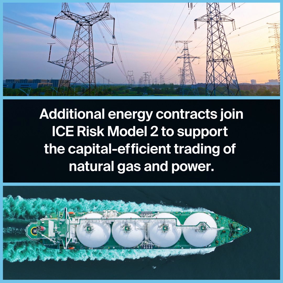 The image displays transmission towers at sunset above the headline "Additional energy contracts join ICE Risk Model 2 to support the capital-efficient trading of natural gas and power," with an aerial view of an LNG tanker shown below. It visually represents the energy trading focus of the post, illustrating both power infrastructure (transmission lines) and natural gas transport (LNG carrier) tied to ICE's expanded Risk Model 2 margining for new contracts like Japanese power futures, PJM basis power futures, and U.K. NBP natural gas options.