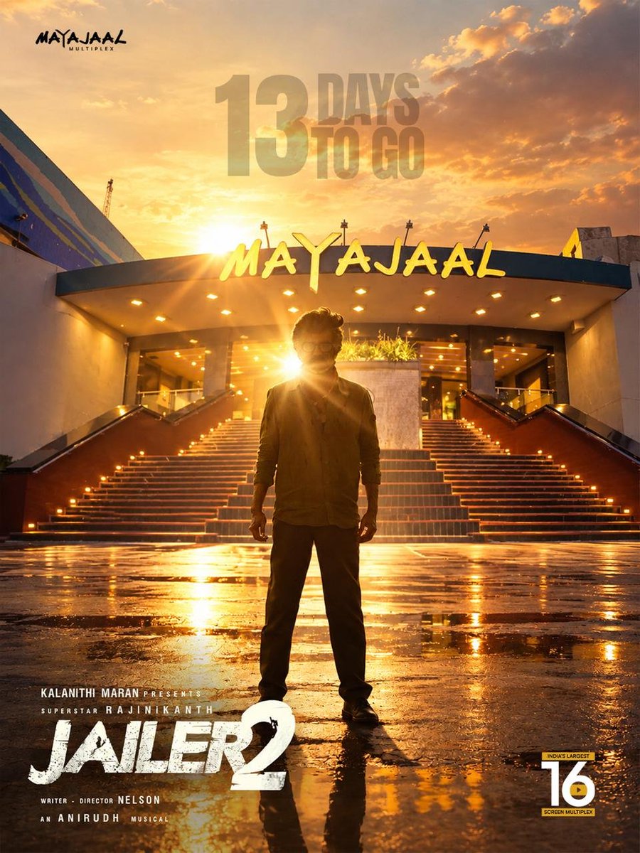 MayajaalECR's tweet photo. 🔥 13 DAYS TO GO!

The countdown begins. The roar gets louder. The wait gets shorter.

JAILER 2 — Coming to the big screen at MAYAJAAL MULTIPLEX! 🍿🔥

#Jailer2 #MayajaalMultiplex #13DaysToGo #Rajinikanth #CinemaExperience https://t.co/zCTuLTZC6c