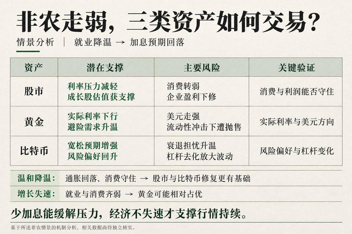 followin_io_zh's tweet photo. 非农爆冷，股市、黄金、比特币都能放开涨了吗？

非农数据公布后市场对美联储 10月加息的预期降温。9月份新增就业岗位仅为2.9万个，失业率上升至4.2%，时薪环比增长仅为0.1%。

短线可能一起松口气，但能不能继续涨，取决于就业究竟是温和降温，还是开始拖累经济。

这组数据里，新增就业疲弱、工资增长放缓、前值下修同时出现，削弱了美联储继续加息的理由。市场因此可以先交易一轮“利率压力减轻”。

但加息预期降温，不等于降息已经到来，更不等于资金马上变得充裕。

三类资产，后面的逻辑并不一样。

1、 股市：先看利率，再看盈利。

利率预期下降，有利于抬高未来利润的估值，对成长股尤其敏感。但如果就业持续走弱，居民收入和消费受到影响，企业盈利预期也要往下调。

科技股可能先受益于估值修复，银行、消费和其他周期股却更需要经济需求撑住。指数上涨，不代表整个市场都在押注经济变好。

真正有利于股市的组合，是通胀降温、就业放缓，但消费和利润没有明显失速。

2、 黄金：更能承接增长担忧，但要看实际利率。

黄金没有企业盈利需要兑现。如果就业恶化引发避险需求，同时实际利率下降，黄金可能获得两方面支持。

不过，美债收益率下降本身还不够：如果通胀预期降得更快，实际利率未必下降；美元如果走强，也可能压制金价。出现流动性冲击时，黄金同样可能先被卖出换现金。

3、 比特币：对宽松预期敏感，也对风险偏好敏感。

如果市场把弱非农理解为“经济还能撑住，美联储少加息”，比特币可能受益于风险偏好回升。

但如果解读转向“衰退风险上升”，比特币仍可能与股票一起承压。尤其在杠杆较高时，去杠杆会放大波动，不能因为它有“数字黄金”的叙事，就默认它会跟黄金同步避险。

我的判断是：这份数据首先提供了利率压力缓解的理由，还没有提供风险资产全面走强的保证。

后面要盯住两个分叉：

通胀继续降、消费守得住，股市和比特币的修复更有基础；就业和消费一起恶化，黄金可能相对占优，股市和比特币则要面对盈利下修与去杠杆。

如果通胀反而再度抬头，连“少加息”这层支撑也可能被收回。

市场可以先为加息降温上涨，但要持续上涨，还得证明经济没有冷过头。