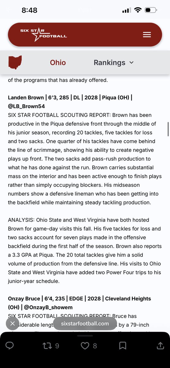 LB_Brown54's tweet photo. Shout out to @sixstarfootball for the recognition. Ready to finish my junior season strong and keep stacking film. 

@Bryan_Ault @AllenTrieu @CoachSiwicki @Coach_GMack @etwill21 @TArlesic12 https://t.co/WUAiEvQ7J5