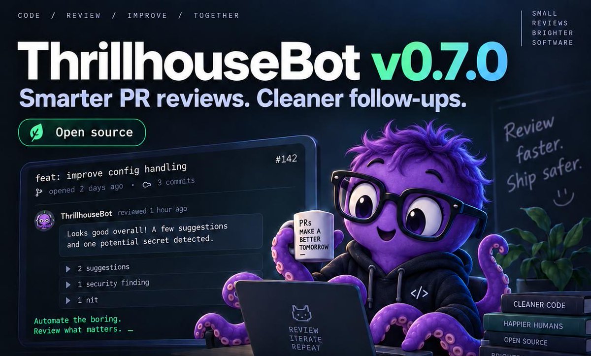 devops_thiago's tweet photo. ThrillhouseBot 0.7.0 is out 🚀

Secret/IaC scanning, CI + linked issue context, review learnings, smarter per-call prompt routing, webhooks, and much cleaner follow-up reviews.

All opt-in. No new GitHub App permissions.

https://t.co/AFgYGQtoFT

#CodeReview #DevTools #Quarkus #Java #Langchain4j