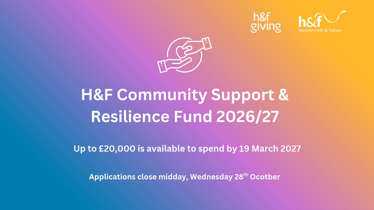 Sobus_H_F's tweet photo. ЁЯУв Funding now open!
ЁЯТ╖ Grants of up to ┬г20,000 available through the H&F Community Support & Resilience Fund 2026/27 for local organisations supporting residents facing financial hardship.
ЁЯУЕ Deadline: 28 Oct
ЁЯФЧ https://t.co/BBS79K2gFY
#HFGiving #FundingTransparency https://t.co/cF7MqffB2D