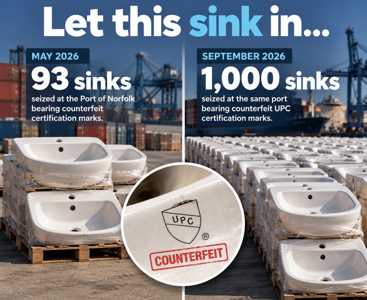 blockticity's tweet photo. GM.

Let this sink in… 🥁

In May, @CBP seized 93 ceramic sinks at the Port of Norfolk bearing counterfeit certification marks.

Four months later, officers at the same port seized another 1,000 ceramic sinks bearing counterfeit UPC certification marks.

That’s 1,093 sinks where the mark meant to signal conformity couldn’t be trusted.

Counterfeit certification isn’t just a branding problem. It undermines the trust infrastructure behind global trade.

A mark only works if you can verify who issued it, what it applies to, and that it hasn’t been tampered with.