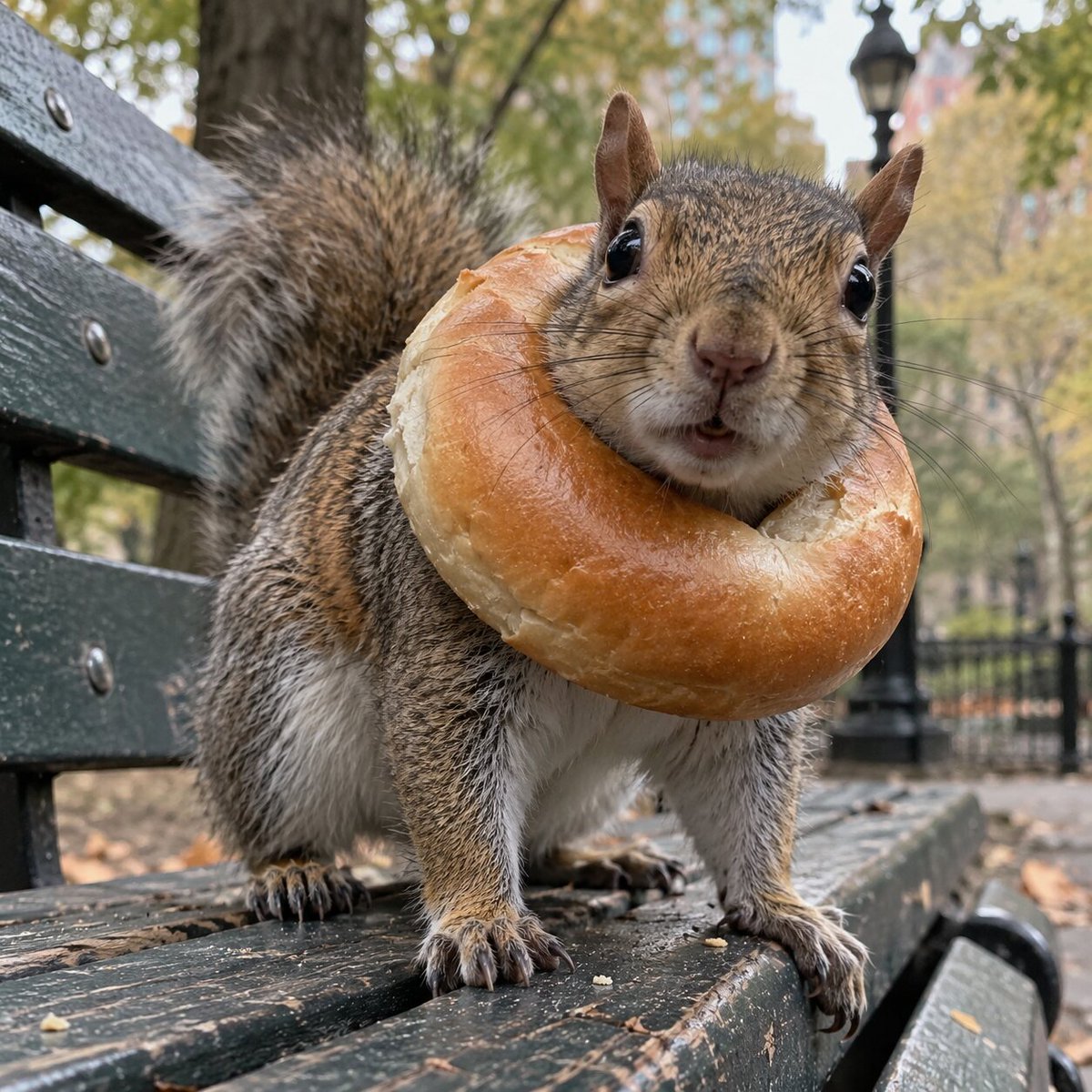 gridbarter's tweet photo. Bagel Bandit $BAGL
A squirrel on a park bench wearing a whole plain bagel around its neck. It will not explain how, and it is not giving it back. https://t.co/4Uqqc58oq7