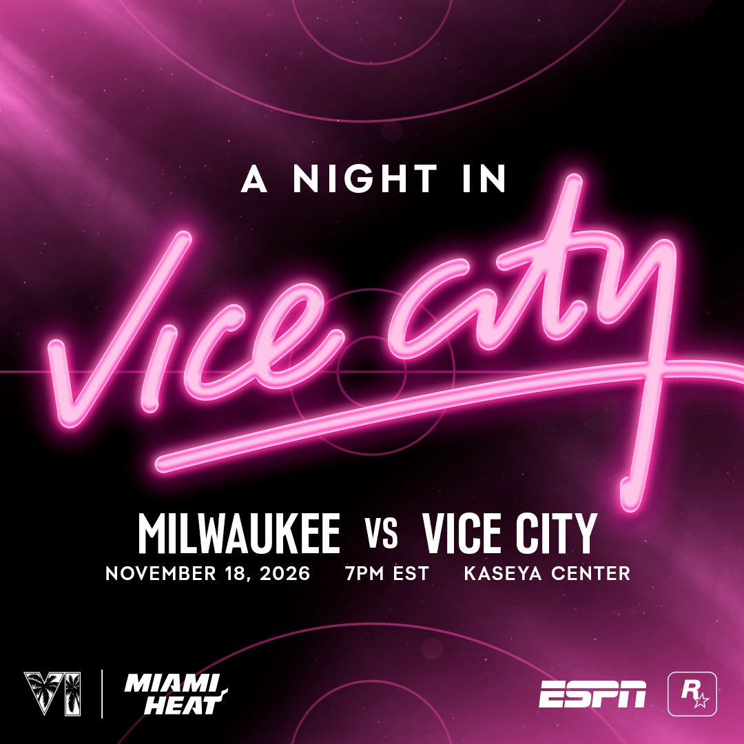 MiamiHEAT's tweet photo. For one night only, the HEAT trade Miami for Vice City.

Join us on November 18, when Vice City hosts the Milwaukee Bucks on a never-before-seen court, wearing an all-new uniform.

This is A Night in Vice City. Also live on ESPN. For details, visit https://t.co/ZiEQ2XUxdu https://t.co/KaQC7QGRHQ