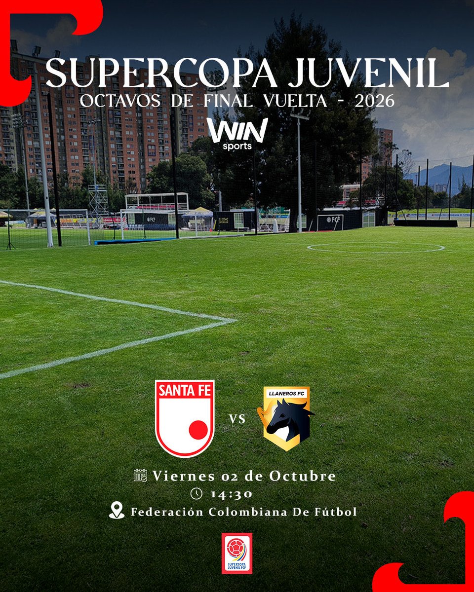 SantaFe's tweet photo. ¡Hoy nuestros Leones Sub-20 🦁 buscarán la clasificación a cuartos de la Supercopa Juvenil!

⏰ 2:30 p.m. | 🏟️ Federación Colombia de Fútbol 

✔️ El duelo de ida culminó 1-1.
📺 El partido tendrá transmisión por Win Sports. https://t.co/0McUjpVPRI