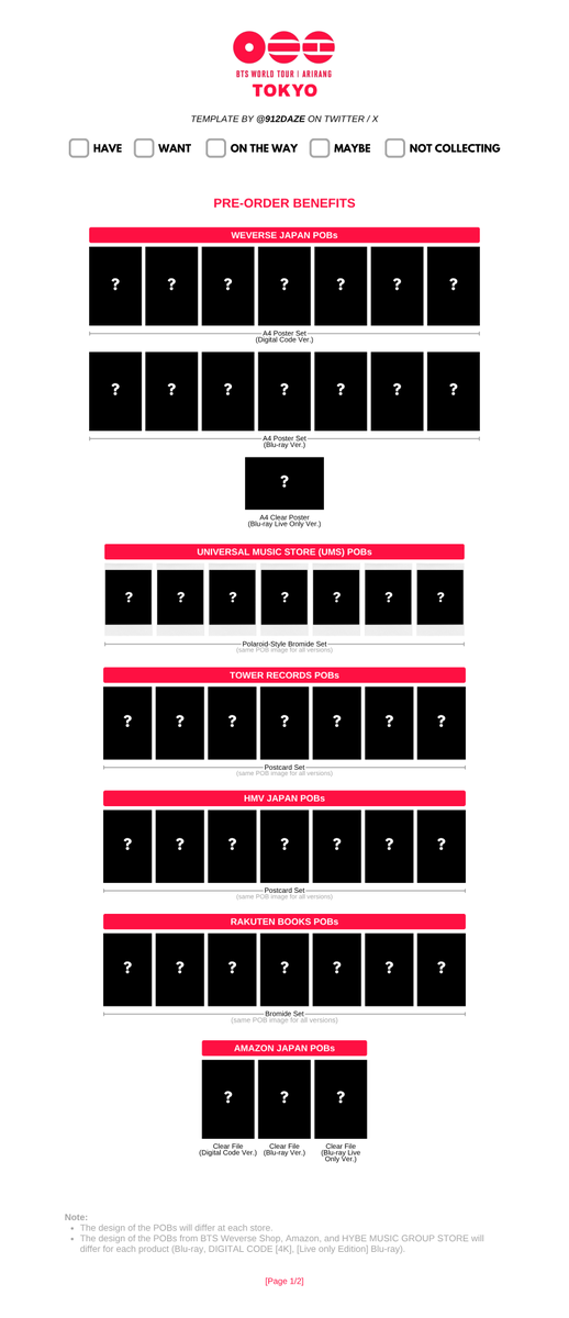 912daze's tweet photo. BTS ARIRANG WORLD TOUR PHOTOCARDS PC PHOTOCARD WISHLIST TEMPLATES ✨

[NEW]
⭐️ ARIRANG in Japan (Tokyo) Digital Code / Blu-ray Templates

+ Inclusions Previews
+ POBs & Purchase Benefit Previews

🤍 방탄 포카 모음집 드볼표
🤍 防彈少年團 小卡 合集
🤍 バンタン トレカ 一覧表
