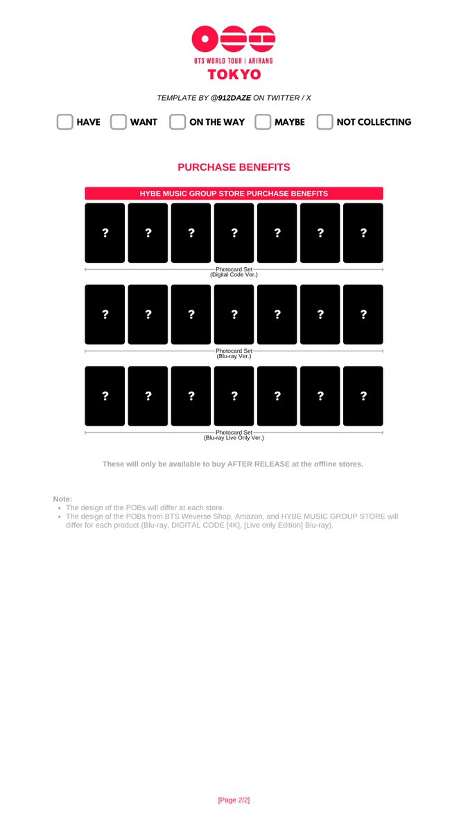 912daze's tweet photo. BTS ARIRANG WORLD TOUR PHOTOCARDS PC PHOTOCARD WISHLIST TEMPLATES ✨

[NEW]
⭐️ ARIRANG in Japan (Tokyo) Digital Code / Blu-ray Templates

+ Inclusions Previews
+ POBs & Purchase Benefit Previews

🤍 방탄 포카 모음집 드볼표
🤍 防彈少年團 小卡 合集
🤍 バンタン トレカ 一覧表