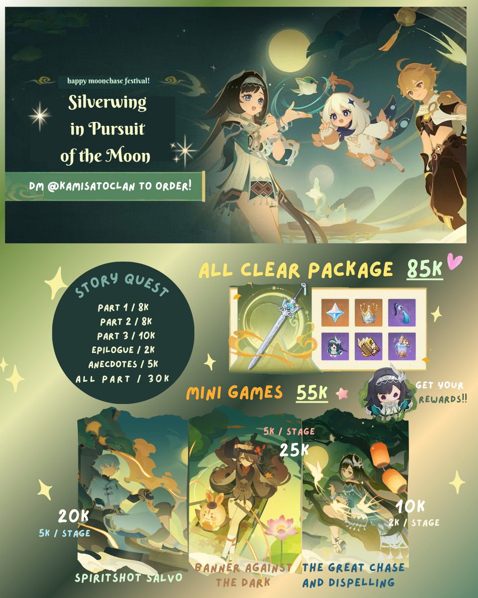 kamisatoclan's tweet photo. happy moonchase festival, fwends! yg tahun ini belum bisa merayakannya bersama lan yan, jangan bersedih.. trust kamisato clan to handle your order and that weapon will be all yours ₍ ᐢ. ༝ .ᐢ₎♡ check dulu pl nya disini~

t. joki event genshin silverwing in pursuit of the moon https://t.co/5WS7gOvKgX