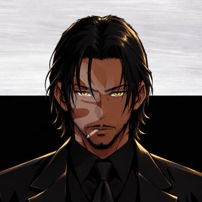 Anime-style illustration of a dark-haired man with yellow eyes and a goatee, wearing a black suit and tie, with a cigarette dangling from his lips.