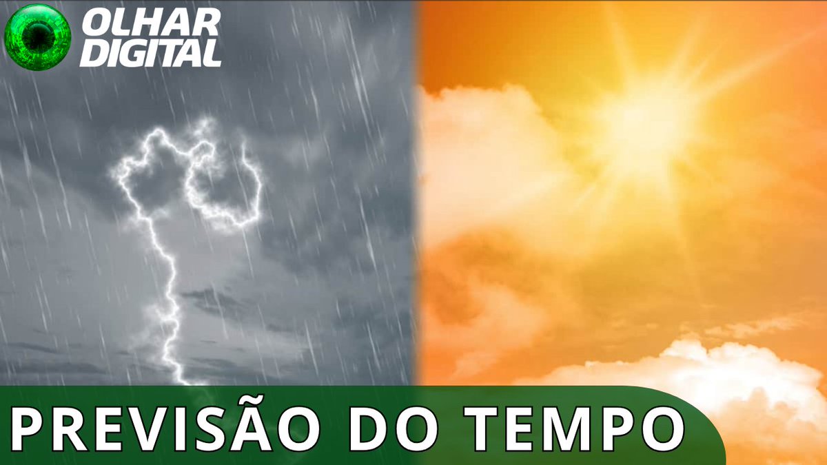 A weather forecast graphic titled 'PREVISÃO DO TEMPO' from Olhar Digital, split between a stormy scene with lightning on the left and a bright sun with clouds on the right.