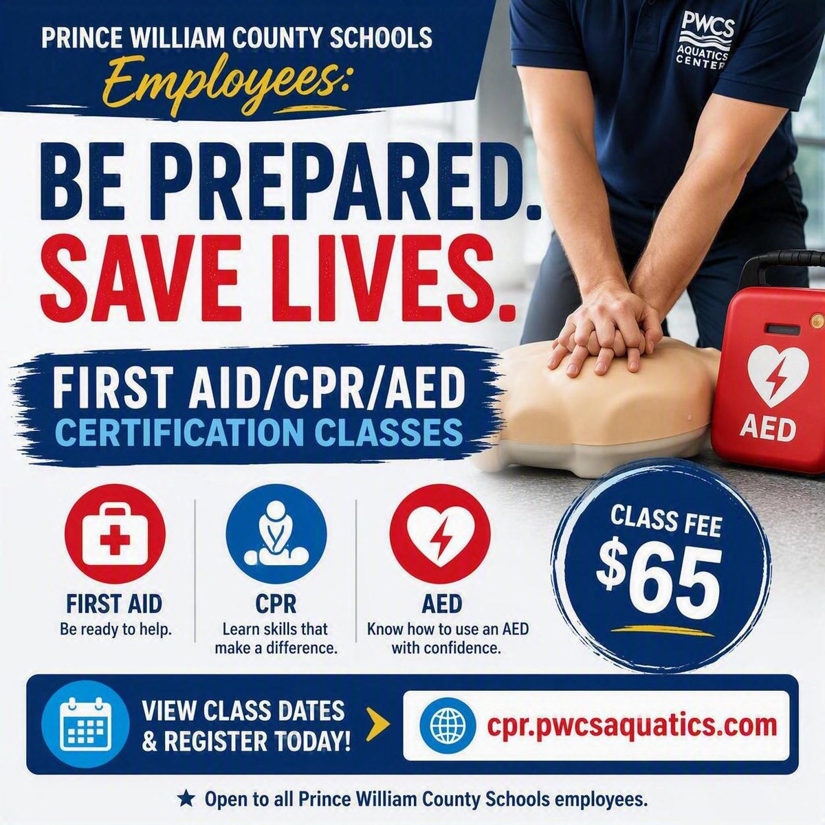 PWCSAquatics's tweet photo. ⛑️ Be prepared. Save lives.
PWCS employees can earn First Aid/CPR/AED certification through the PWCS Aquatics Center.
✅ First Aid
✅ CPR
✅ AED
💲 $65
📅 View class dates & register: 🌐 https://t.co/kwpBp2AUl6
#PWCS #CPRTraining #FirstAid #AED #SafetyFirst https://t.co/YpCTF60drQ
