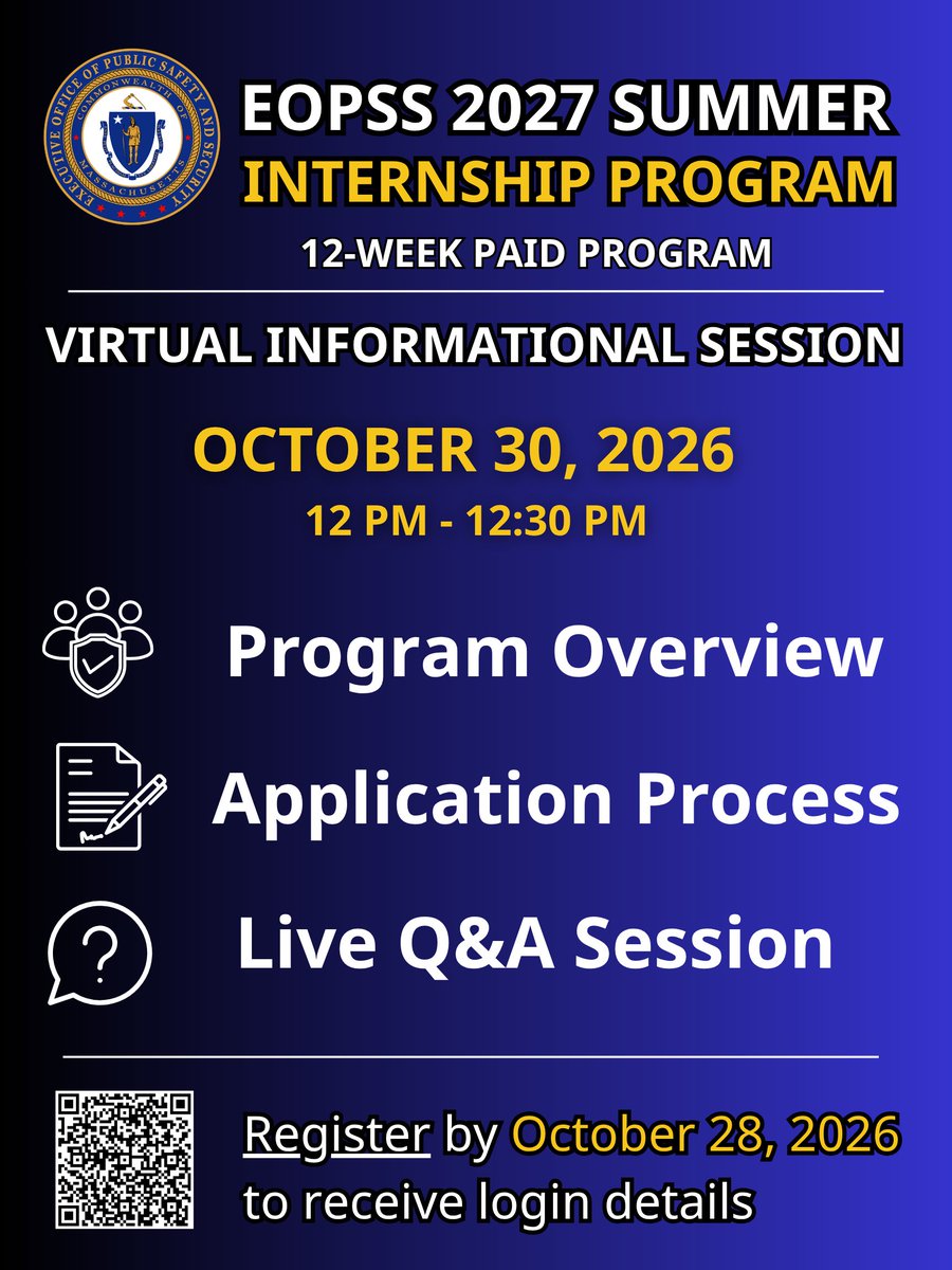 EOPSS's tweet photo. Interested in a career in public safety? Join our Virtual Internship Info Session to learn about paid internships at EOPSS and opportunities to gain hands-on experience in state government.

💻 Virtual on Microsoft Teams
📅October 30, 2026
🕛 12 PM - 12:30 PM

Register by October 28 to receive your Teams link: https://t.co/c09I3ietYF
