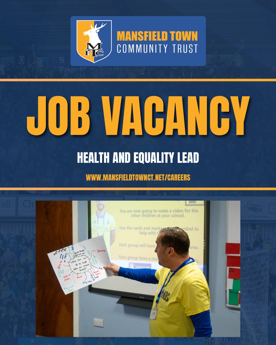 MTFC_CT's tweet photo. 📢 We’re hiring! We’re looking for a Health and Equality Lead to join the Mansfield Town Community Trust team.

This is a varied role supporting the development and delivery of our health, wellbeing and physical activity programmes, while also taking a lead role in Equality, Diversity and Inclusion, Walking Football and work experience opportunities.

If you’re passionate about making a positive difference in our community and want to be part of the Trust, we’d love to hear from you.

Find out more about the role and how to apply 👇
🌐 https://t.co/aIGx6NK9Al

#Stags