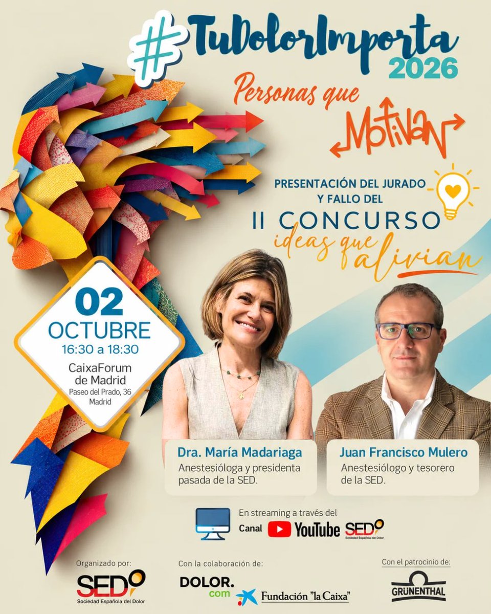 Sedolor's tweet photo. 🏆 Los Premios del Concurso #IdeasQueAlivian se entregarán en la parte final del evento #TuDolorImporta
La Dra. María Madariaga, Presidente pasado de la SED, y el Dr. Juan Francisco Mulero, tesorero de la Junta Directiva de la SED, serán los encargados de la presentación del jurado y del fallo del premio.
📅 2 de octubre | CaixaForum Madrid
Info: https://t.co/Dd7q6nNlwt
📺Síguelo en streaming desde aquí: https://t.co/WFajTGigGD
#TuDolorImporta