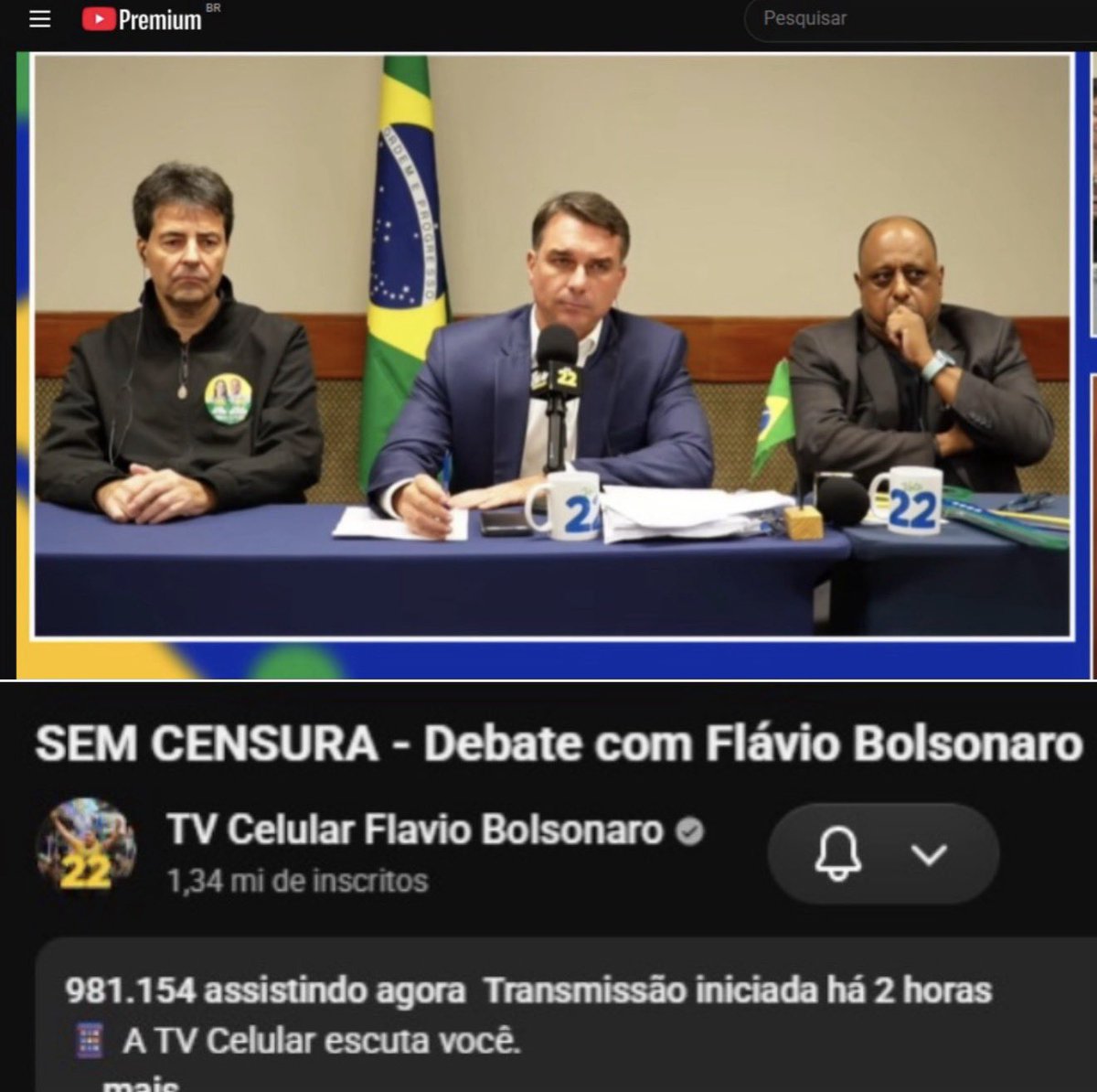 FlavioBolsonaro's tweet photo. Em poucos minutos, improvisamos uma live que reuniu quase 1 milhão de aparelhos conectados acompanhando a transmissão.

Obrigado a todos que participaram, compartilharam e nos ouviram.

Seguimos levando nossa mensagem a cada vez mais brasileiros.

Não deixe para o segundo turno o que podemos resolver no primeiro: vote 2️⃣2️⃣! 

O Brasil vai vencer! 🇧🇷