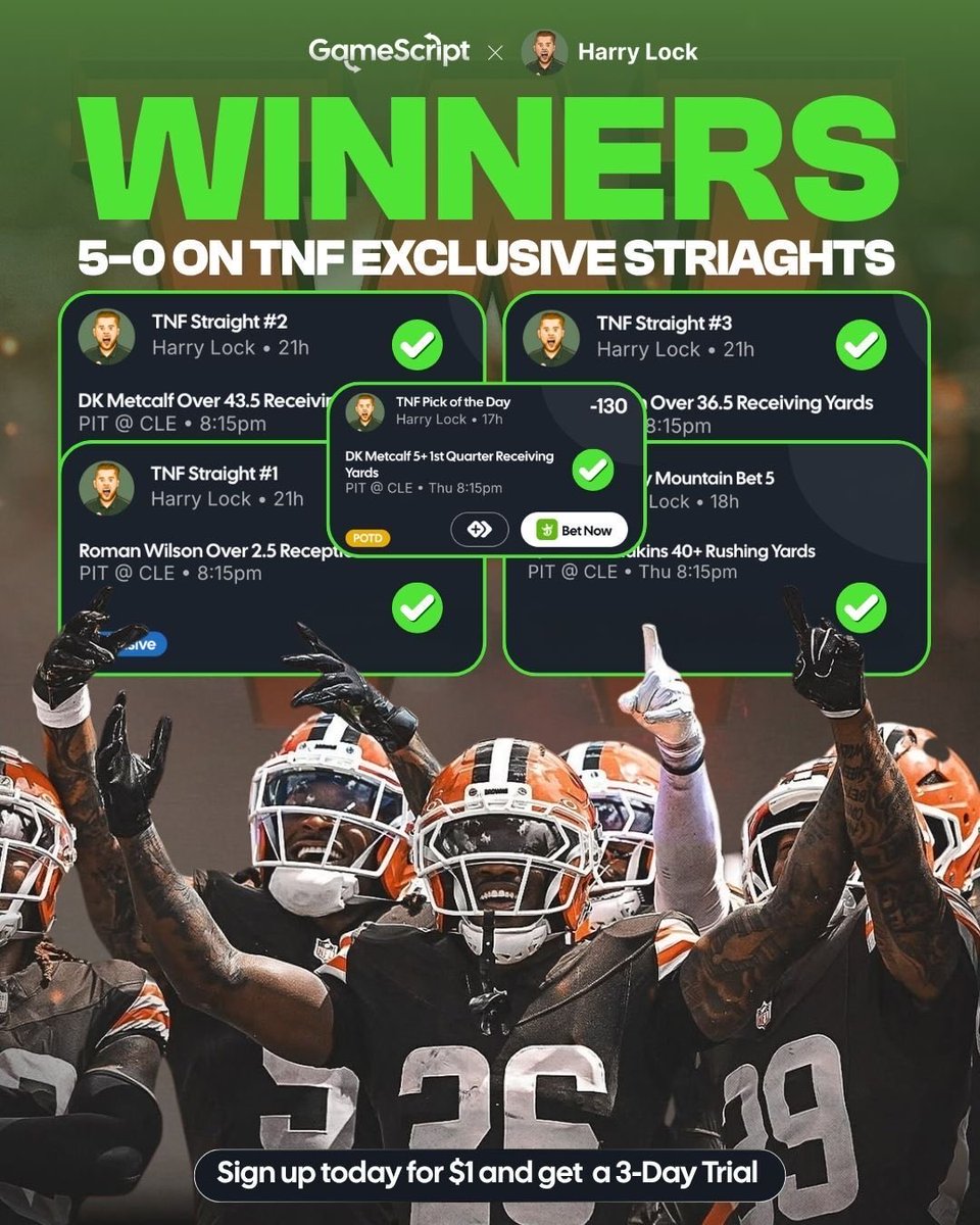 HarryLockPicks's tweet photo. 🤩 A PERFECT 5-0 ON TNF STRAIGHTS! 

🔗- https://t.co/hYKZSRMXJS

🔥 We COOKED on GameScript last night, with all five straights going green on TNF…

You can still access ALL my exclusive picks for just $1 and now is the time to join, as I’ll be dropping my Week 4 plays very soon! 👀