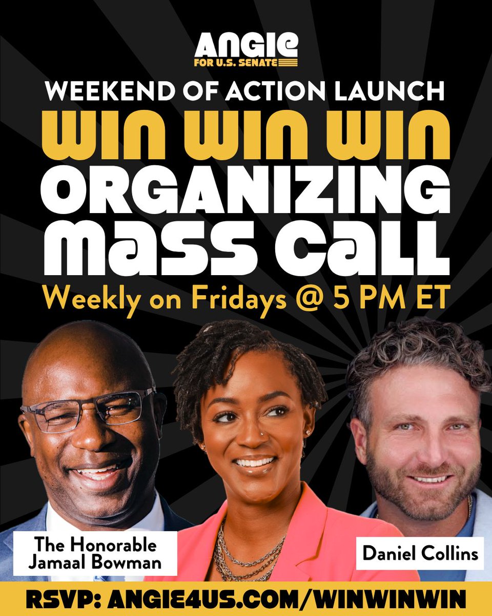 AngieNixon's tweet photo. TONIGHT at 5 PM ET join our Virtual WIN WIN WIN Weekly Mass Organizing Call with Angie and special guests The Honorable @RepBowman and Daniel Collins!
RSVP now at https://t.co/rlCygxkGrK.
#angieforflorida #winwinwin #florida #jamaalbowman #danielcollins https://t.co/R81zU6Nniq