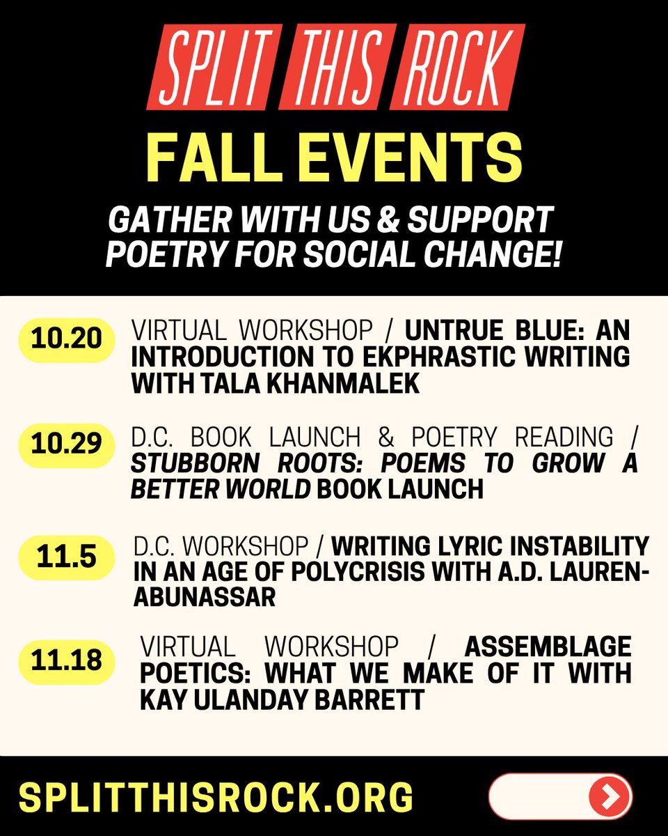 SplitThisRock's tweet photo. This Fall, choose your own adventure with our poetry events! Gather with us for virtual or in-person events in DC feat. poets Tala Khanmalek, A.D. Lauren-Abunassar, Kay Ulanday Barrett, Mahogany L. Browne &amp; more. Learn more: https://t.co/wGyvVELZnu
#Poetry #DCarts #DCpoets #Poets https://t.co/Ys1j3Tx2rf