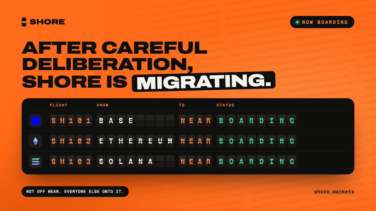 ShoreMarkets's tweet photo. After careful deliberation, Shore is migrating.

Not off NEAR. We're migrating every Base, Ethereum and Solana wallet onto it.

They don't have to do anything. Their address already works. https://t.co/Lje7sc0yYR