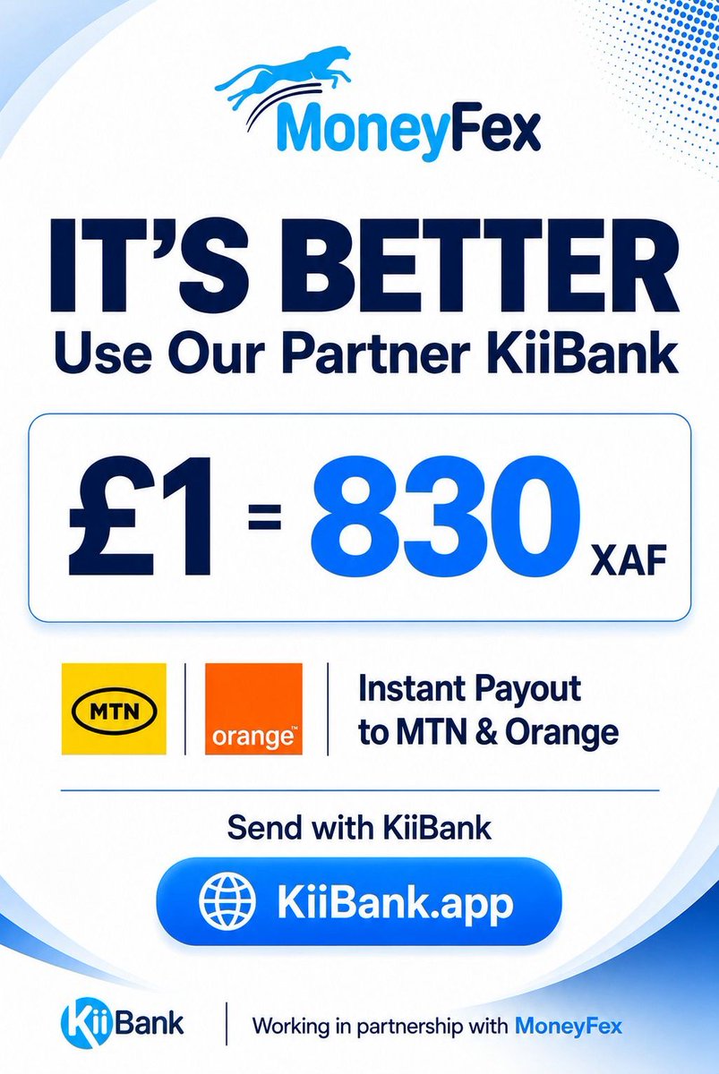 MoneyFex's tweet photo. IT’S BETTER! 💙🇨🇲

Get £1 = 830 XAF with our partner KiiBank.
⚡ Instant payout to MTN &amp; Orange
�� Competitive rate
📲 Simple sending

Send with KiiBank 👉 https://t.co/hmp81ESDGq

#MoneyFex #KiiBank #Cameroon #SendMoneyHome https://t.co/t1bNtaaRO3
