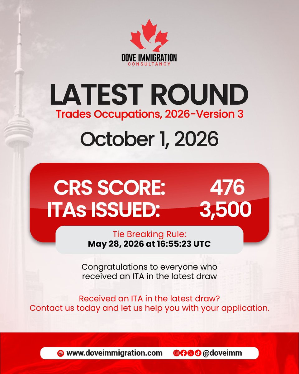 DoveIMM's tweet photo. EXPRESS ENTRY UPDATE: TRADES OCCUPATIONS DRAW 

IRCC just held a new Trades Occupations draw.

Book a consultation with Dove Immigration for a clear plan.

DM us or use the link in our bio. 

#ExpressEntry #CRSScore #TradesOccupations #TradesDraw #SkilledTrades https://t.co/MHszZpqDJN