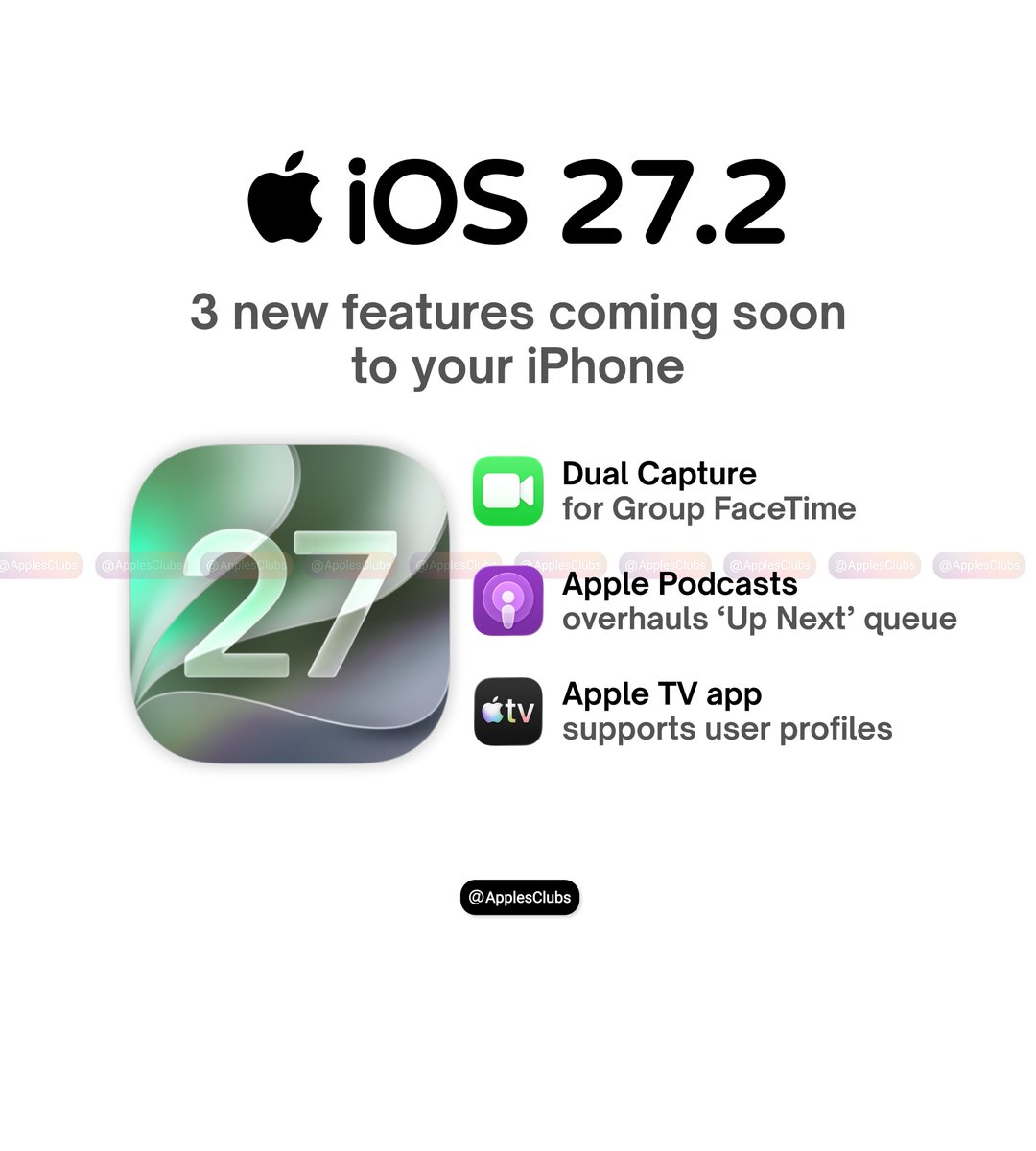 ApplesClubs's tweet photo. iOS 27.2 is shaping up to bring 3 new features to iPhone. https://t.co/P3BTySdXR6
