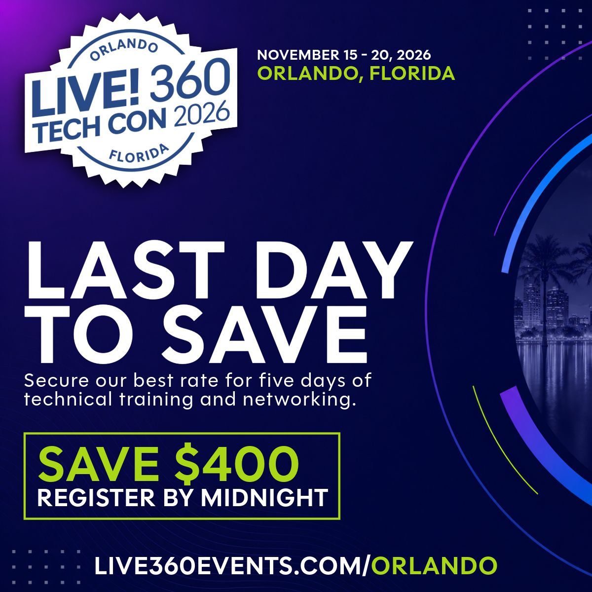 Live360events's tweet photo. Today is the last day. Extended savings for Live! 360 Tech Con Orlando close tonight, register before midnight and lock in your rate before standard pricing takes effect.

Six conferences. 200+ sessions. 30+ deep dives.

Register before midnight: https://t.co/OWu5NMGeTu https://t.co/VjHgPhwSVa