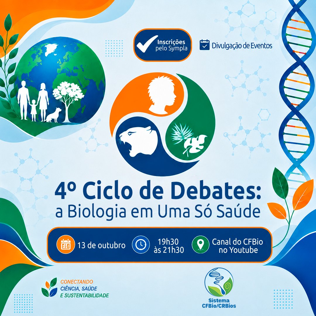 CFBio's tweet photo. As inscrições já estão abertas para o 4º Ciclo de Debates: a Biologia em Uma Só Saúde!

No dia 13 de outubro, das 19h30 às 21h30, o CFBio promoverá um encontro on-line para discutir a Segurança Alimentar sob a perspectiva da Uma Só Saúde. 🌱

O evento reunirá especialistas das Ciências Biológicas e áreas correlatas para dialogar sobre sustentabilidade, saúde ambiental e os desafios contemporâneos que impactam a sociedade.

📍 Transmissão ao vivo pelo YouTube
📝 Inscrições gratuitas pelo Sympla: https://t.co/THVeR4Vls3

Participe desse debate e acompanhe reflexões que conectam ciência, saúde e preservação ambiental.