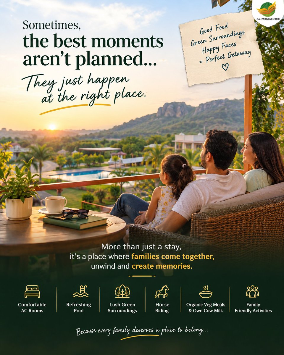 PariwarClub's tweet photo. Sometimes, the best family moments are the ones we never plan. A peaceful morning, good food, green surroundings, a refreshing swim, a little adventure, and most importantly, time together.
#CAPariwarClub #FamilyGetaway #FamilyTime #WeekendGetaway #StayAndRelax #NatureEscape https://t.co/kah2WRBpSp