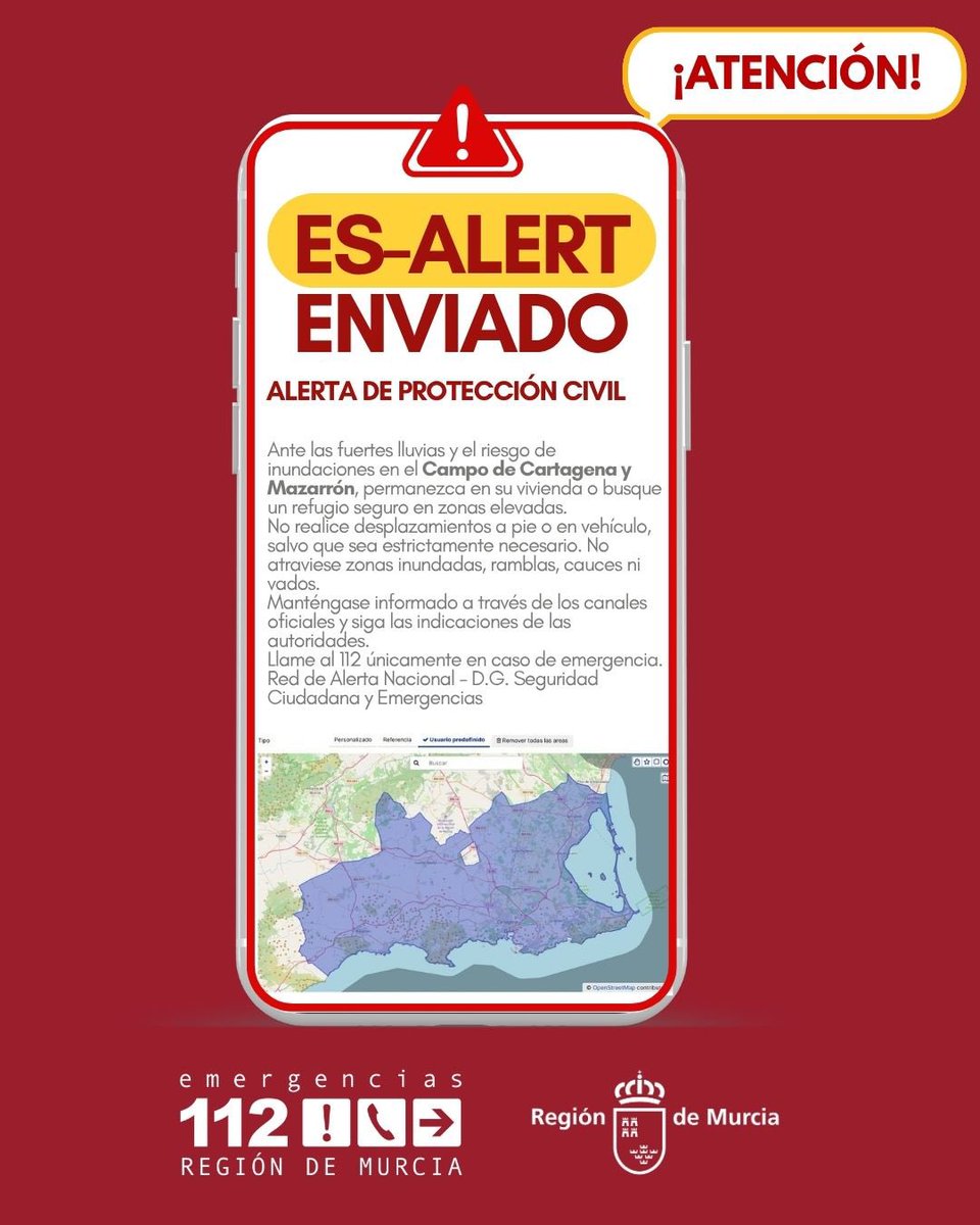 LopezMirasF's tweet photo. 🚨Importante.

Ante el aviso rojo de la AEMET por riesgo de inundación en el Campo de Cartagena y Mazarrón hemos enviado mensaje ES-Alert.

Máxima precaución. Es importante evitar desplazamientos innecesarios, no atravesar zonas inundables, ramblas o cauces, y seguir la información en los canales oficiales.