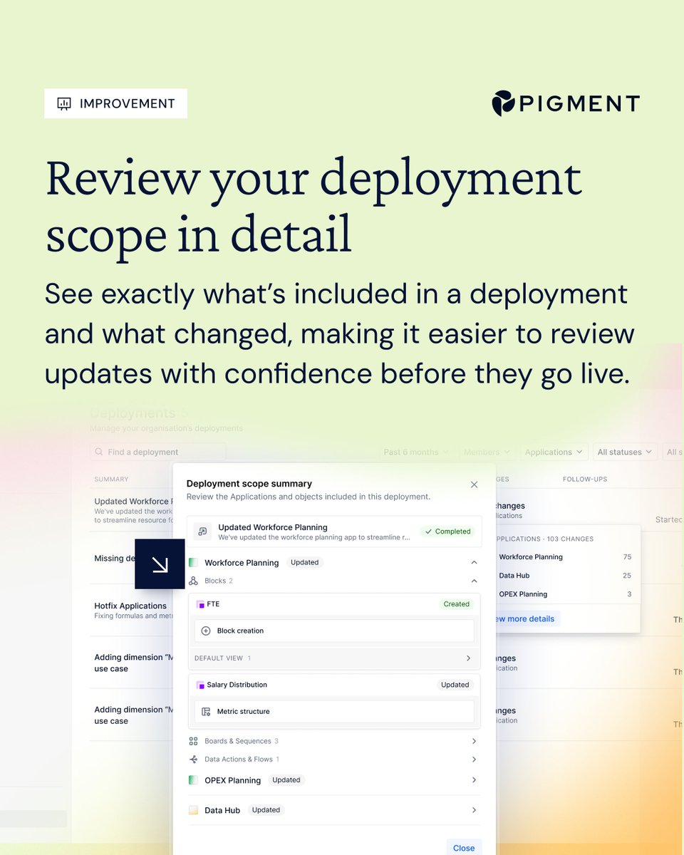 EleonorePigment's tweet photo. Our Product Team shipped A LOT in September.  

Alongside #Pigment Frames, our AI Agents can now pull in content from @NotionHQ, documents can be stored and managed directly in your Application, and you can see exactly what changed in every deployment. 

And that's only part of it. Lots more updates to dig into here: https://t.co/GEv6R0inlw