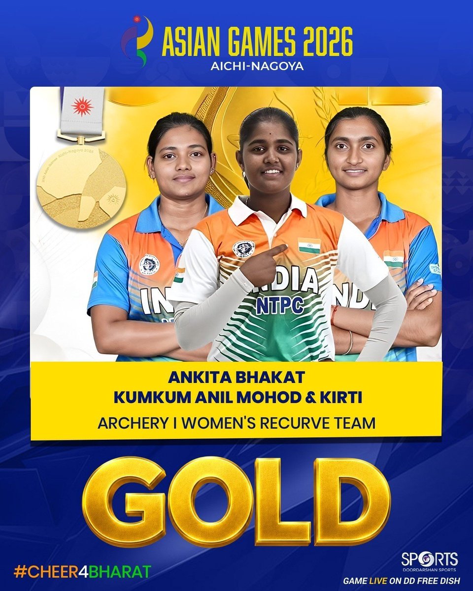 DCANKULDUBEY's tweet photo. 🏹🥇 GOLDEN RUN CONTINUES FOR INDIA!🇮🇳✨

Ankita Bhakat, Kumkum Anil Mohod &amp; Kirti rise to the occasion, defeating South Korea 5–3 in the Recurve Women’s Team Final to clinch GOLD! https://t.co/zUwb32xILn
